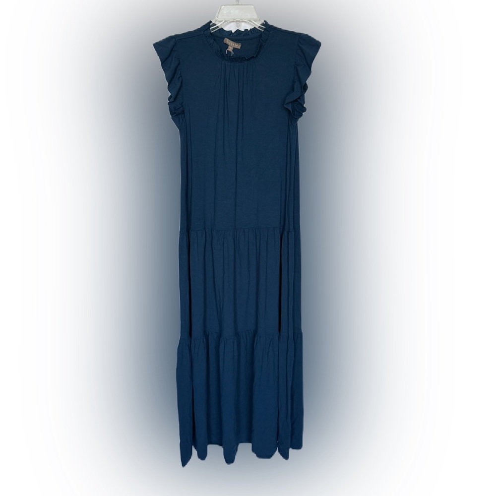 Lilla P Ruffle Trim Peplum Maxi Dress Blue NWT Viscose